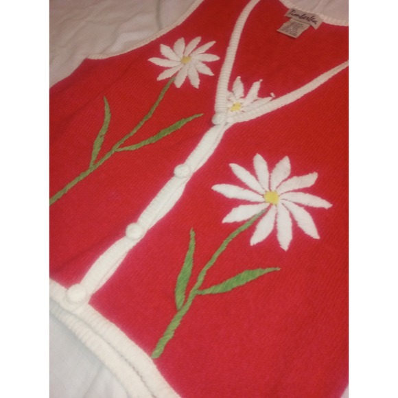 Vtg Timberlea Sweater Knit Vest Bright Pink Daisy Embroidered SP - Picture 2 of 4